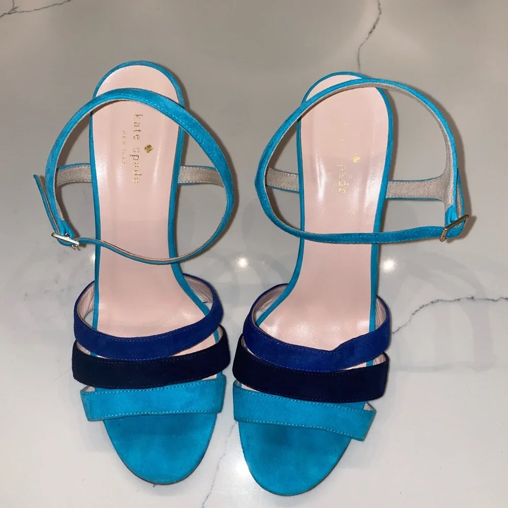 kate spade Blue Multi Suede Cork Wedge Sandals